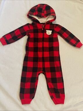 Carter’s Cozy Red & Black Plaid Hooded One-Piece 18M